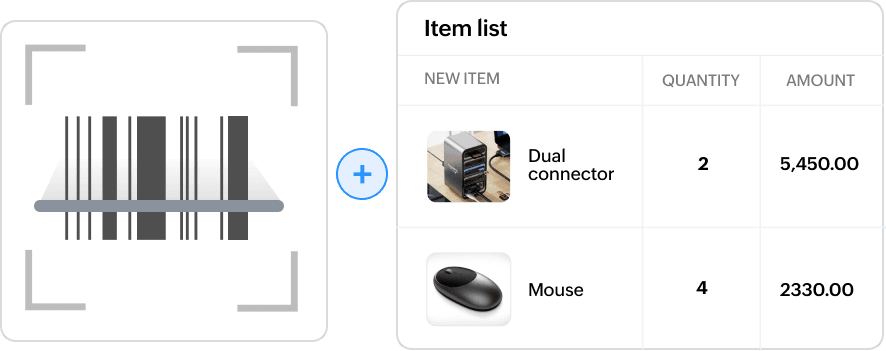 Creative illustration shows barcode scanning for adding items and populating item details.